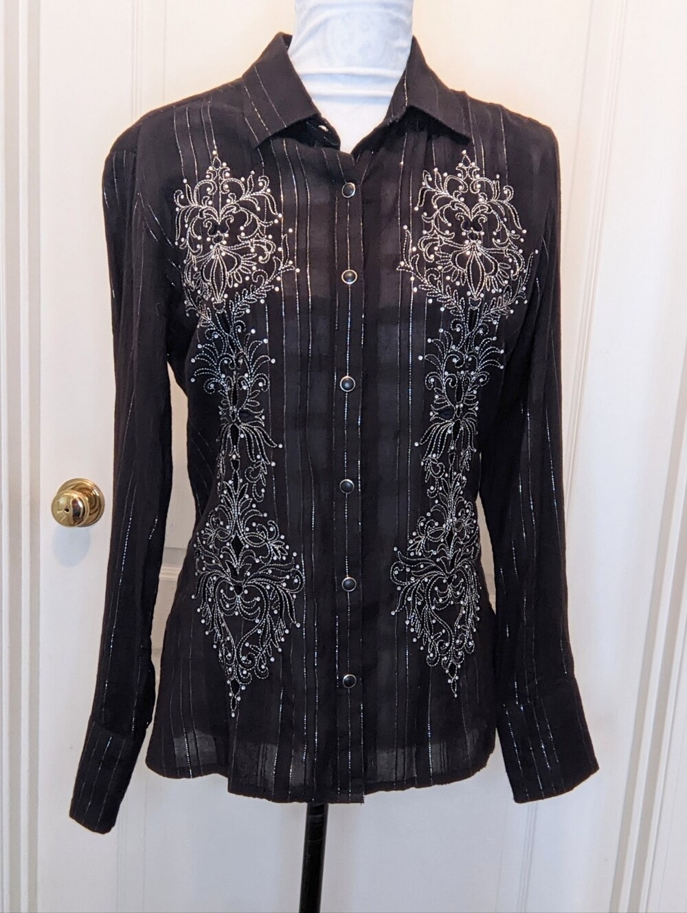 Vintage Panhandle Slim Western Snap Shirt Sparkle Black 70s Sheer Size Medium